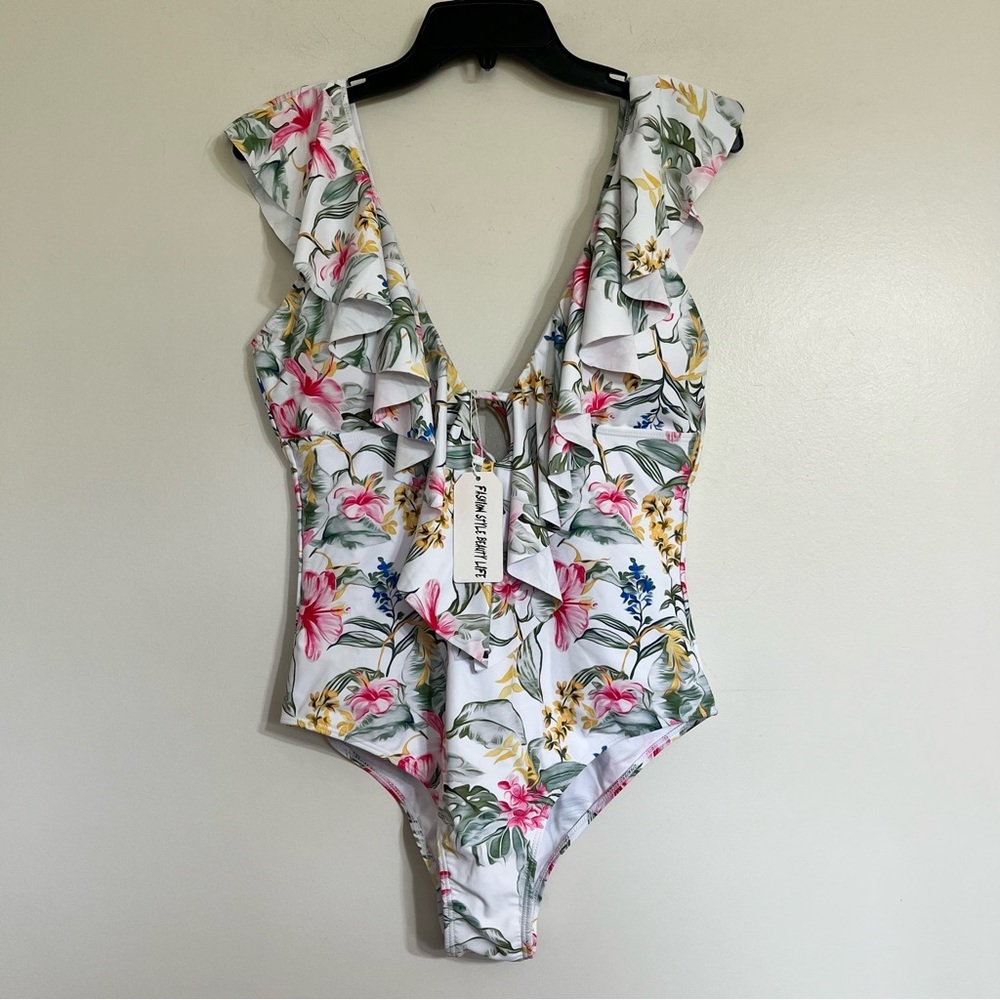 One Piece Floral Swimsuit V-Neck Ruffle Tie Back Size Large NWT